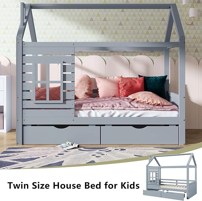 Aoowow Twin Size Kids House Bed with 2 Drawers, Wooden Twin Bed Frame with Window and Roof for Bedroom, Modern Twin Size Kid Playhouse Bed with Slats for Boys Girls, Can be Decorated, Grey