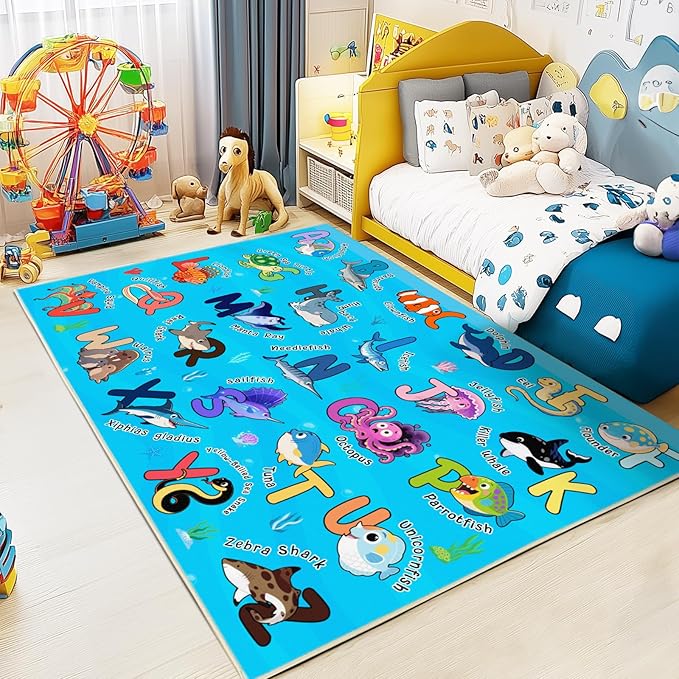 Kids Rugs for Playroom, 8x10 Ft Educational Rug for Learn The ABC Alphabet, Soft Machine Washable Non-Slip Cute Marine Organisms Carpet for Classroom Toddler Nursery Kids Room Decor, Blue