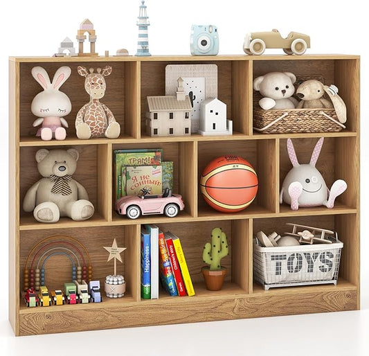 Costzon 10-Cube Bookshelf for Kids, Wooden Toy Storage Organizer w/ 2 Anti-Toppling Kits, 3 Tier Open Shelves & Non-Slip Foot Pads, Montessori Toy Shelf for Kids Rooms, Playroom, Classroom, Nursery