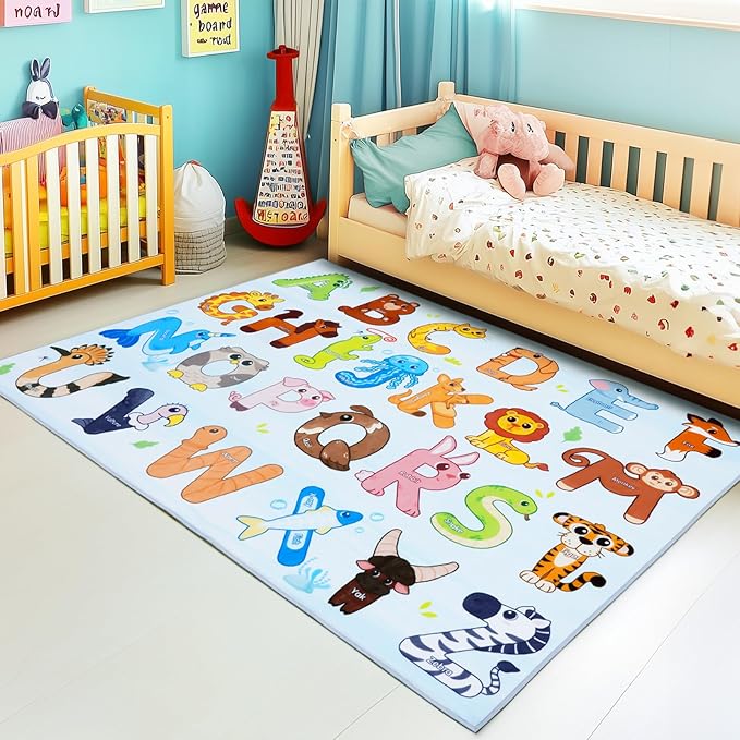 Kids Rugs for Playroom, 3x4 Feet Educational Rug for Learn The ABC Alphabet, Soft Machine Washable Non-Slip Cute Animal Carpet for Classroom Toddler Nursery Kids Room Decor Mat, Blue