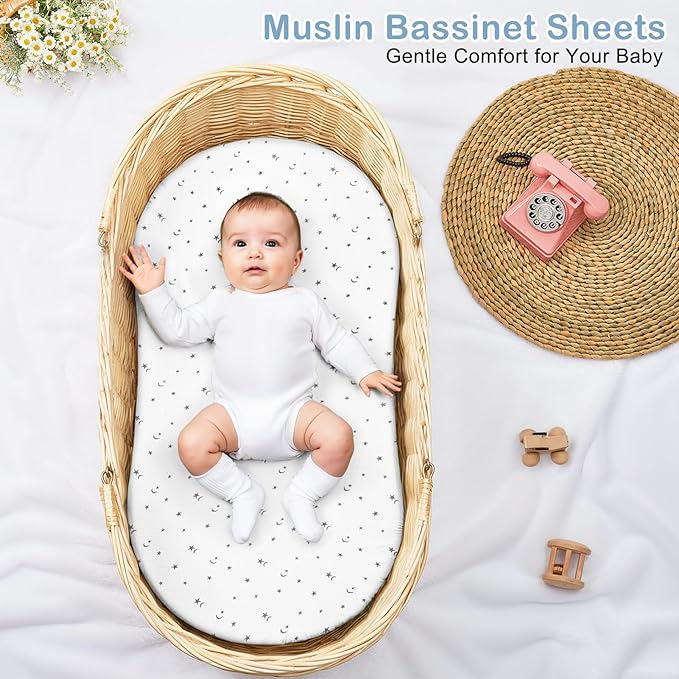 Basumee Muslin Bassinet Sheets for Baby Girl Boy 2 Pack Soft Breathable Baby Bedside Bassinet Fitted Sheets with Bottom Elastic Band 33''x17''x4'' Mattress Cover for Rectangle Oval Hourglass Bassinets