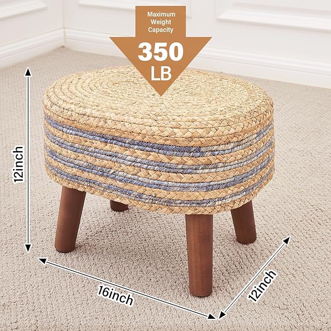 Cpintltr Round Ottoman Natural Seagrass Footstool Hand Weave Water Hyacinth Poufs Eco Friendly Sofa Foot Stool Soft Step Stool Padded Foot Rest with Pine Legs for Living Room (Blue and Primary)