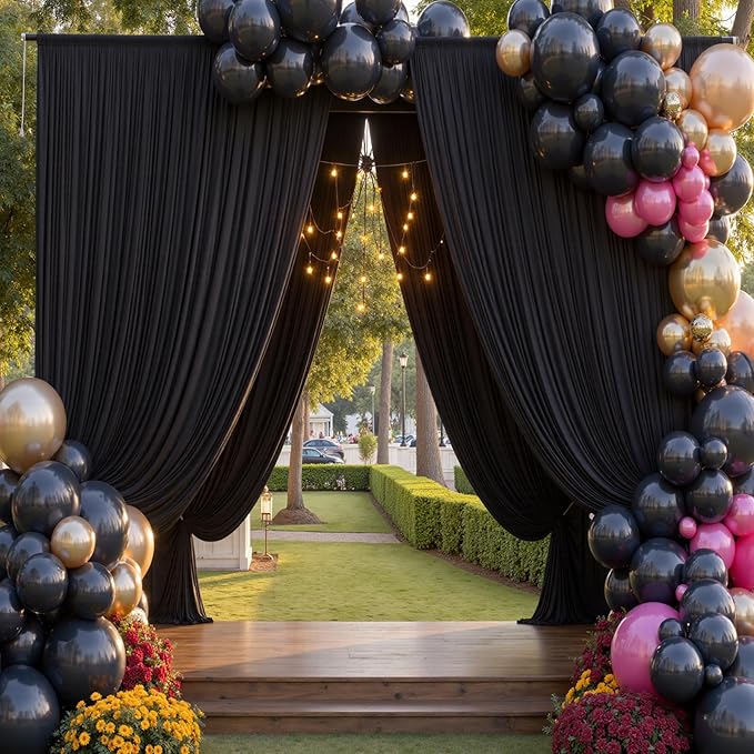 50x12 ft Black Backdrop Curtain, 10 Panels 5x12 ft Long Wrinkle Free Silky Polyester Fabric Wedding Backdrop Drapes Black Photo Back Drop Curtains for Parties Photography Background Cloth