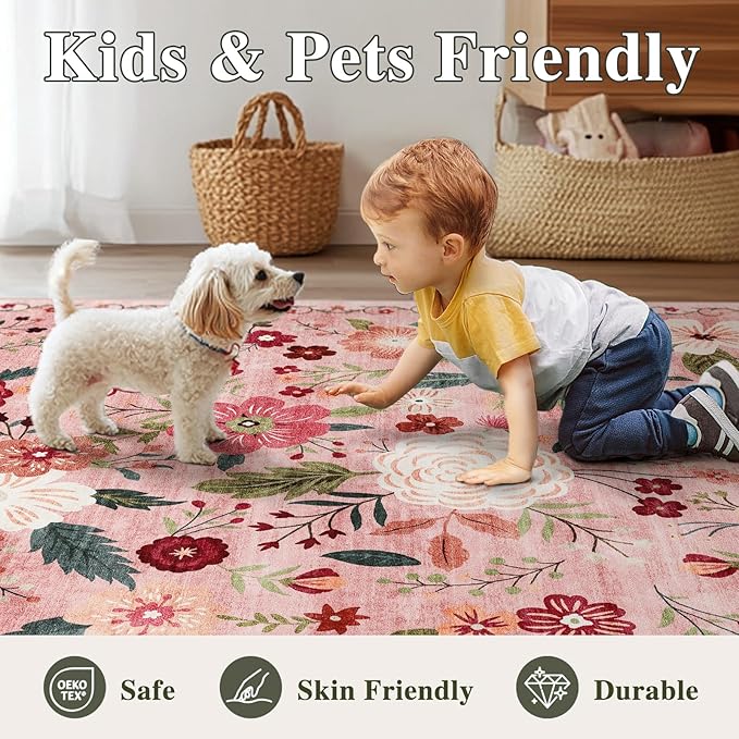5x7 Washable Area Rug for Living Room, Floral Non-Slip Non-Shedding & Easy Care, Soft Low Pile Boho Indoor Floor Carpet for Living Room, Bedroom, Farmhouse, Dining Room, Kids Playroom, Pink