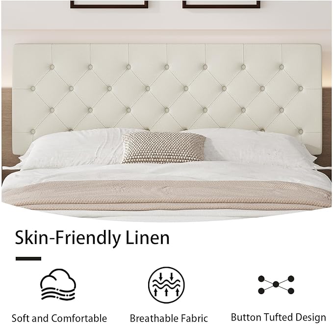 BarnFurin Full Bed Frame, Upholstered Platform Bed with Button Tufted Headboard, Fabric Bed Frame with Wooden Slats Support, No Box Spring Required, Easy Assembly, Cream