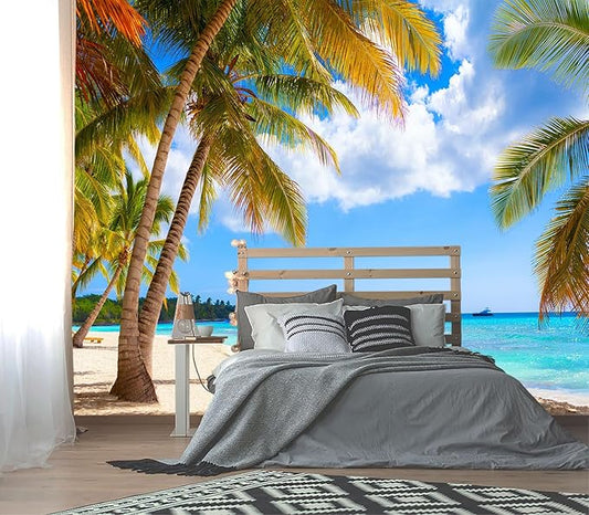 XMPMBM-Beach Palms Landscaping Fabric Wallpaper Tree Leaf Living Room Bedroom Bathroom Wall Mural-W 154" X H 105"（112 Square Foot）