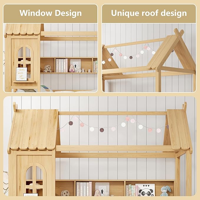 Twin House Bed with Drawers and Window, Solid Wood House Platform Bed with Shelves, Twin Bed Frame with House-shaped Roof for Kids, Boys, Girls, No Box Spring Needed and Childlike Design, Natural