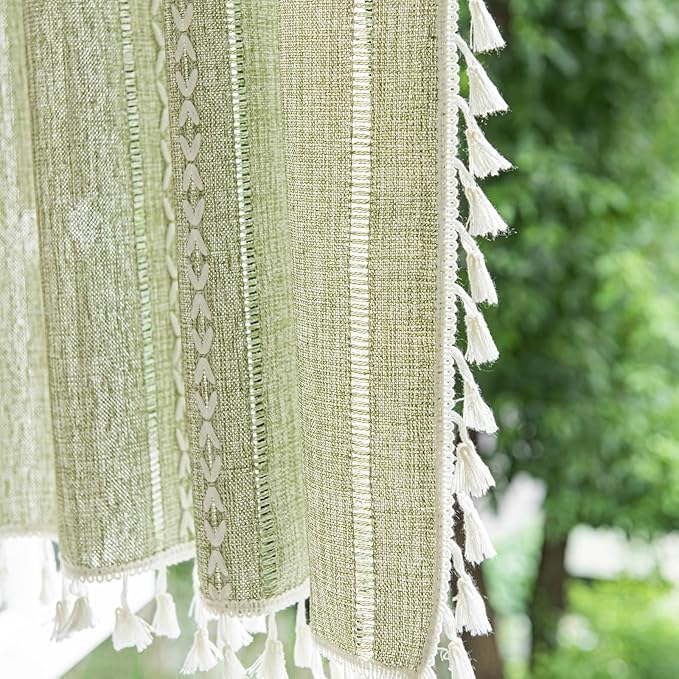 Deeprove Green Boho Curtain Valance for Cafe Kitchen Closet Doorway Decor, Sheer Bohemian Farmhouse Cotton Linen Short Panel French Tassel Trim Country Window Treatments Panel, W52 x L18, 1 Piece