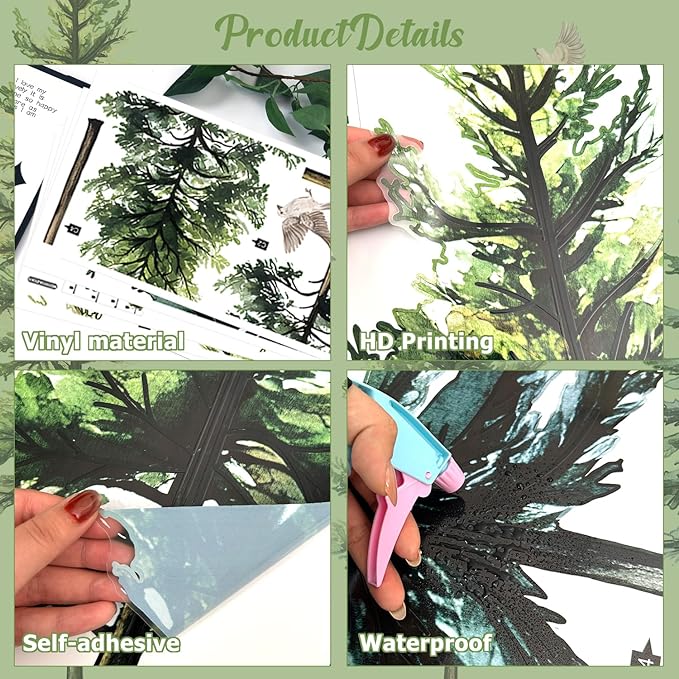 46.8" Green Pine Tree Wall Decals Large Forest Tree Wall Stickers 4 Sheets Peel and Stick Bird Wall Decal for Living Room Bedroom Nursery Kids Room Christmas Decor (Green Pine Trees)