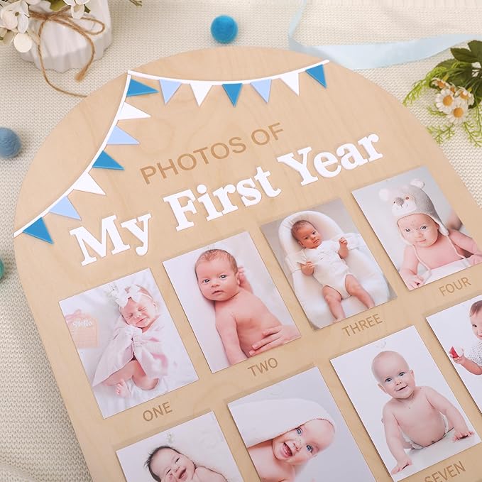 Photos of My First Year Wood Board - Newborn 1 to 12 Months Photo Display,1st Birthday Growth Photos Record Sign,Monthly Milestone Photo Board,Rustic Keepsake Nursery Decorations