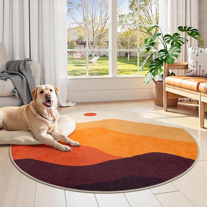 Sunset Round Rug 4ft, Orange Round Bathroom Rug Non Slip Washable Circle Rug for Entryway, Soft Circular Bedroom Rugs Abstract Throw Carpet for Living Room Dining Room