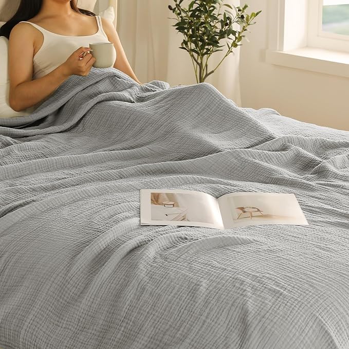 100% Cotton Muslin Blanket Queen Size 90" x 90" for Bed Couch Summer Gauze Blanket for Adults Lightweight and Breathable Grey