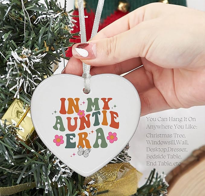 Heart Shaped Christmas Ornament-Auntie Era Gift-Best Aunt Ever Keepsake for Niece Nephew-Birthday or Baby Announcement Present for New Auntie to Be-Promoted to Aunt Ceramic Ornament