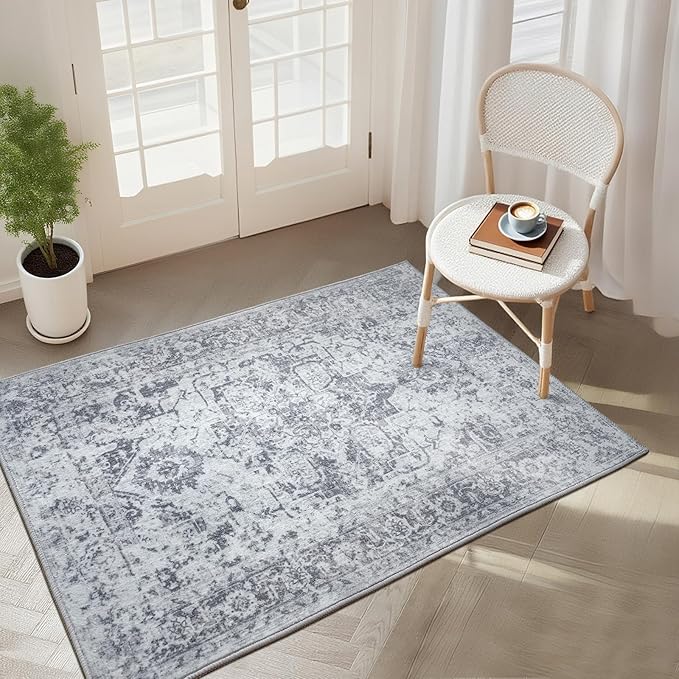 Area Rug 2x3, Washable Rug for Entryway Indoor, Small Area Rug for Living Room Entrance, Vintage Rug for Bedroom Doormat, Non Slip Soft Low Pile Carpet for Kitchen, Hallway, Office, Grey