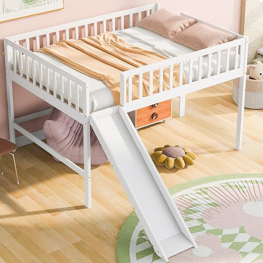 Flieks Full Size Low Loft Bed Frame for Boys Girls Kids Adults Toddler for Boys Girls Kids Adults Toddler with Ladder and Slide,White