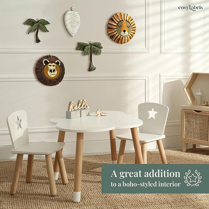 cosyLabels Macrame Nursery Decor: Safari Boho Baby Room Decor. Premium Jungle Wall Hanging with Hooks, Cotton Base. Lion, Monkey, 2x Palm Trees, Leaf