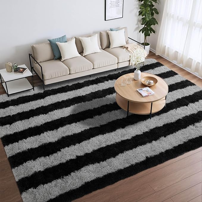 Meralax Area Rugs for Living Room Bedroom, Machine Washable 5x8 Feet Soft Fluffy Shaggy Rug, Grey and Black Stripe Indoor Floor Carpet for Boys, Dorms, Nursery Rooms, Home Decor Aesthetic