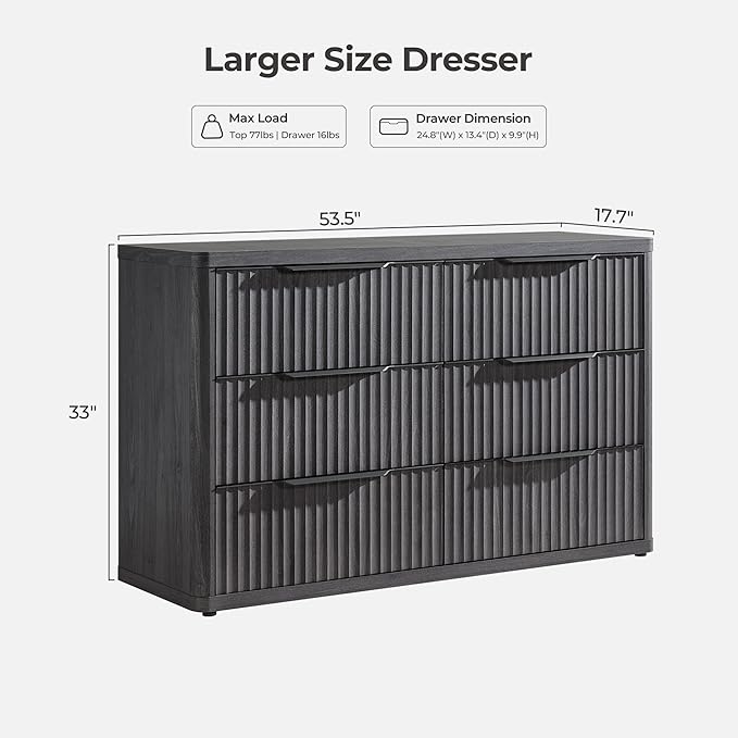 SICOTAS Dresser for Bedroom 107" Wide 6 Drawer Dressers & Chests of Drawers for Closet Long Large Modern TV Stand Set for Clothes Storage Fluted Clothes Closet for Hallway Entryway, Dark Grey Alder