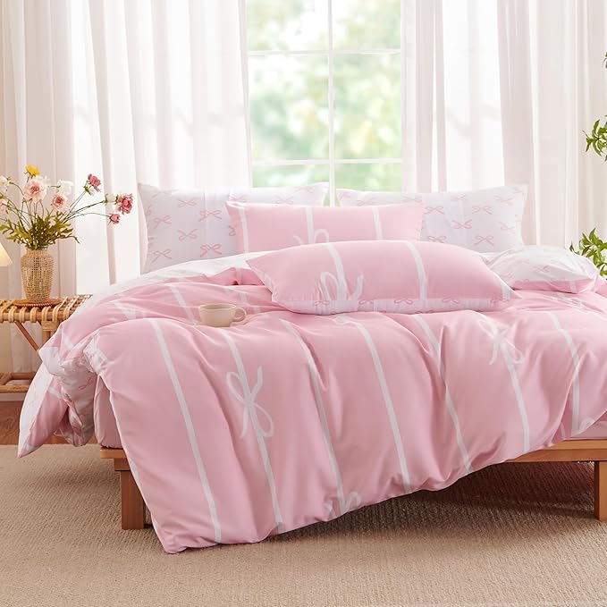 Pink Bow Duvet Cover Twin Coquette Bedding Set for Girls Kids Cute Princess Style Bowknot Bedding Ultra Soft Microfiber Duvet Cover Set with 1 Pillowcase(No Comforter)