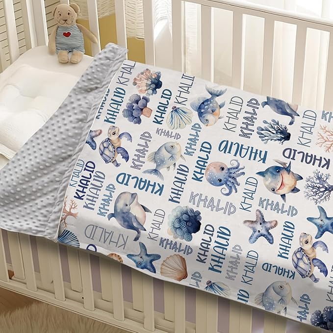 Personalized Baby Blanket with Name, Customized Blanket for Newborn Boys Girls, Ocean Animals Flannel Baby Name Blanket with Dotted Backing, Receiving Swaddle, Gifts for New Parents(47" x60)