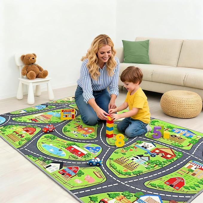 Farmyard Adventure Play Rugs, Educational and Fun Farm Play Mat for Kids, 60"x36" Non-Slip Playmat with Barns, Animals & Crops for Imaginative Play, Nursery, Playroom and Classroom