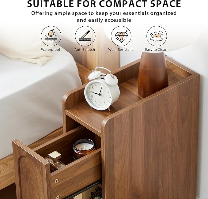 Narrow Nightstands Set of 2, Slim Bedside Tables with Raised Edge Top, Arched Drawer & Open Shelf, Modern Wooden Small End Tables for Bedroom Small Spaces (2, Walnut)