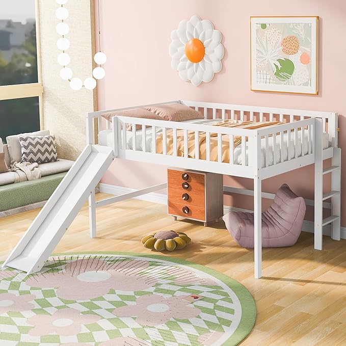Flieks Full Size Low Loft Bed Frame for Boys Girls Kids Adults Toddler for Boys Girls Kids Adults Toddler with Ladder and Slide,White