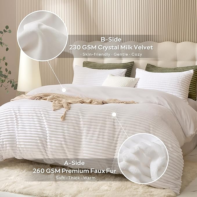 JELLYMONI Plush Duvet Cover Set - Twin Size Beige Striped Fluffy Comforter Cover 2pcs Bedding Set Luxury Ultra Soft Faux Fur Duvet Cover with Zipper and 1 Pillowcase (NO Comforter)