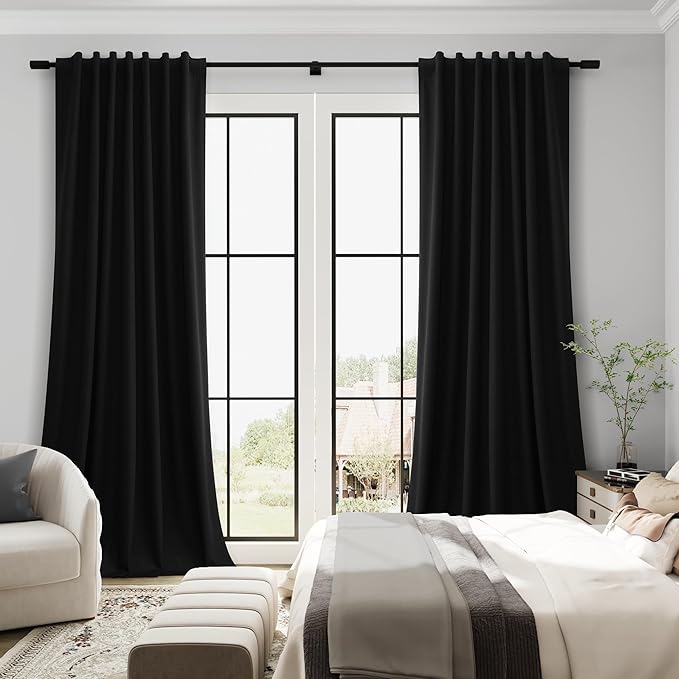 Guken Black Linen 100% Blackout Curtains for Bedroom 84 Inch Length 2 Panels Back Tab Hook Belt Light Blocking Thermal Insulated Noise Cancelling Linen Textured Living Room Dining Room 52x84 7Ft