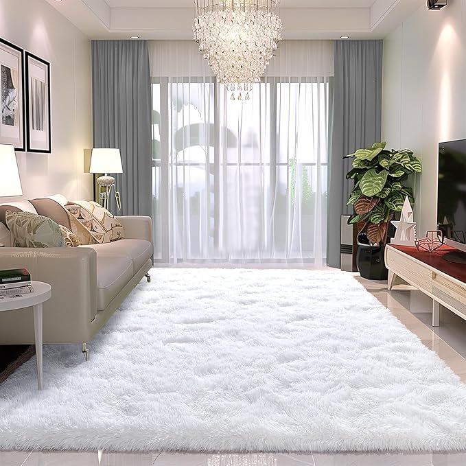 Fluffy 6x9 Rug - Nursery Rugs for Bedroom - Height Pile 1.4" Plush Rug - Fuzzy Throw Rugs Carpet for Bedroom - White