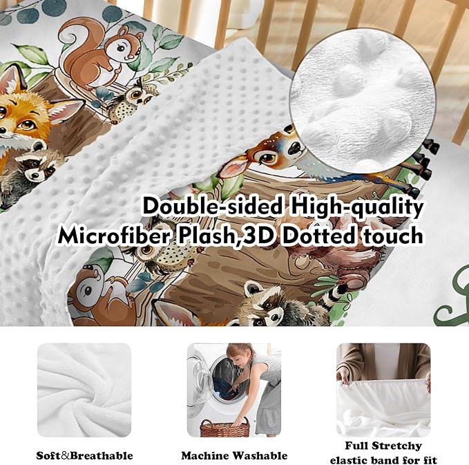 Custom Baby Crib Bedding Set - Animal Stump Design Personalized Name Baby Nursery Bedding 3 Pcs Set - Chic Soft Blanket, Fitted Sheet, Room Rug for Newborns Boys Girls Gifts
