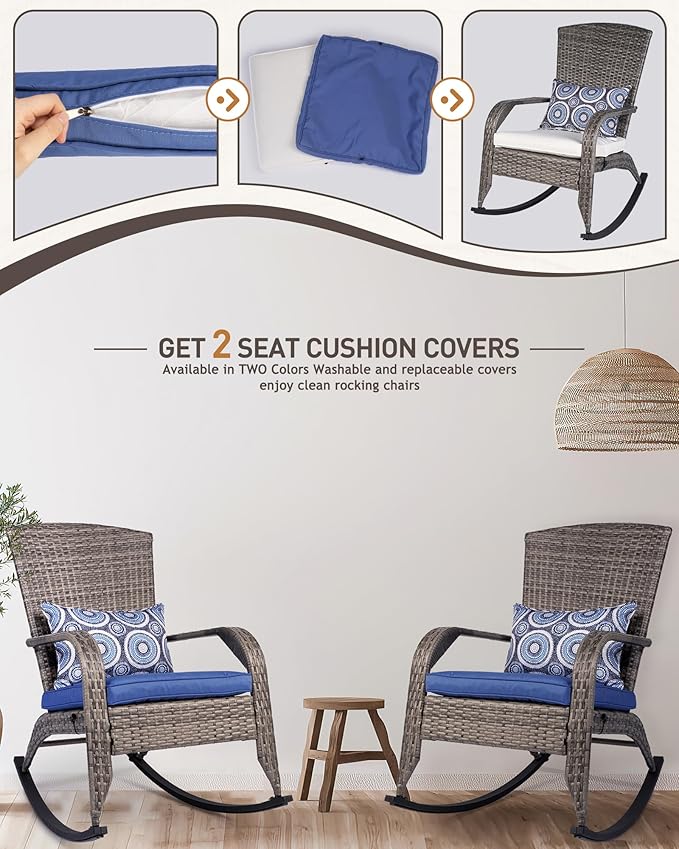 Outdoor Rocking Chair- Rattan Patio Rocker Chairs with Cushions and Steel Frame- All Weather Outdoor Rocker Chair with 2 Replaceable Cushion Covers (Blue & White), 320lbs,Grey Rattan