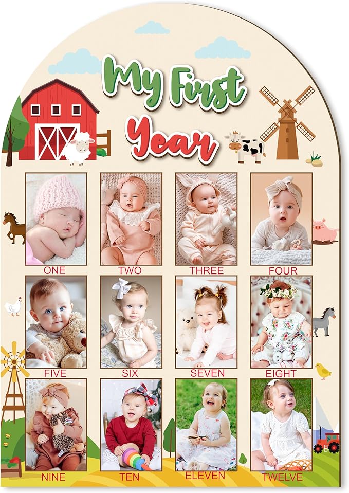 R HORSE My First Year Photo Display Wood Board - Baby’s First Year Picture Frame, 12 Months Milestone Board, 3D Farm Themed Neutral Baby Keepsake Gift One Year Old Birthday Nursery Decor for Girl Boy