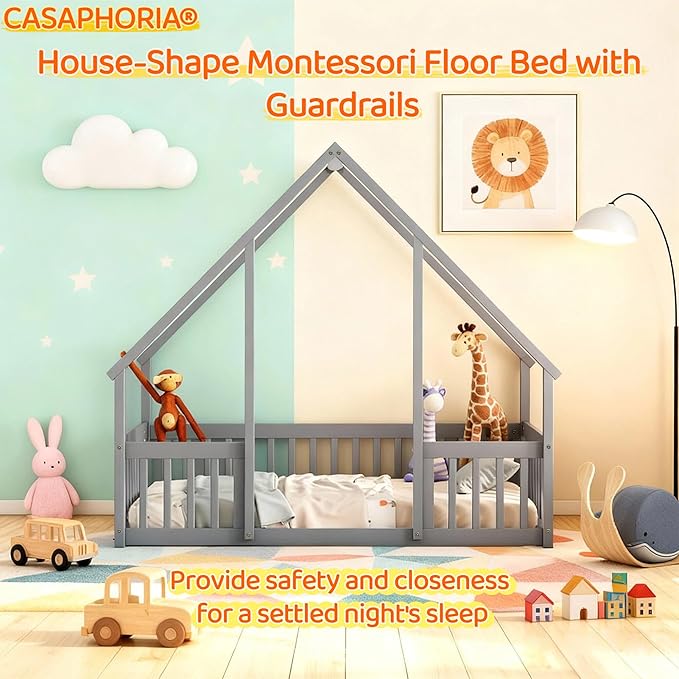 Casaphoria Twin Size House-Shaped Montessori Bedframe, Solid Pine Wood Kids Bed Frame, Toddler Floor Bed with Door & Fence for 1-3 Years Old Kids, Grey