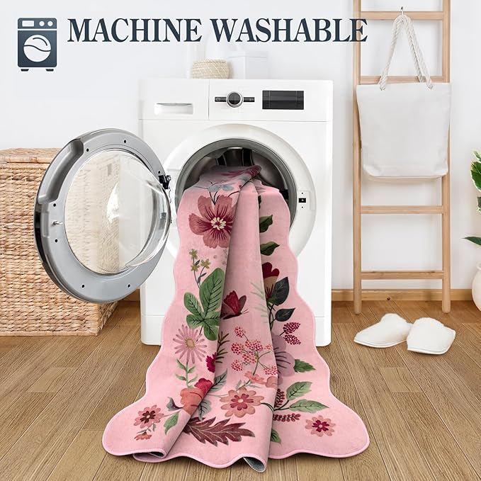 Lahome Floral Washable Rugs, 4X6 Pink Rugs for Bedroom Girls Ultra-Thin Soft Living Room Rug, Non-Slip Stain Resistant Boho Lightweight Low-Pile Throw Carpet for ‎Nursery Office (4x6ft, Pink)