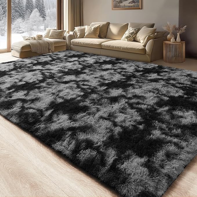 Merelax Soft Modern Indoor Large Shaggy Rug for Livingroom Bedroom Dorm Kids Room Home Decorative,Non-Slip Plush Fluffy Furry Fur Area Rugs Comfy Nursery Floor Carpet 9x11 Feet,Tie-Dyed Deep Grey
