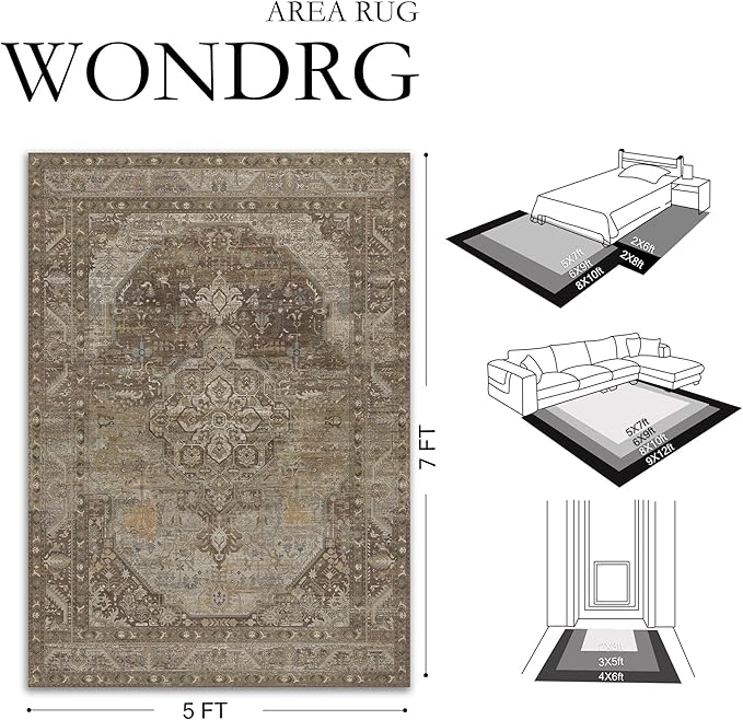 8x10 Brown Washable Vintage Area Rug for Living Room Bedroom Non Slip Distressed Traditional Soft Large Throw Rug Low Pile Lightweight Floral Carpet Office Classroom Dining Room