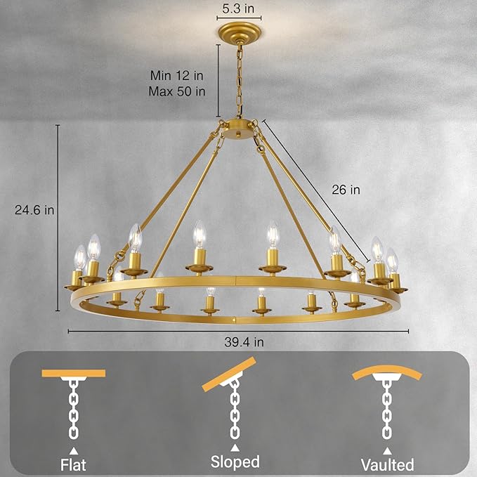 Wagon Wheel Chandelier, 16-Light Gold Round Modern Farmhouse Chandelier with Adjustable Height Hanging Island Light Fixture for High Ceiling Dining Room, Kitchen, Living Room, Entryways, Foyer