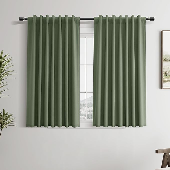 Guken 100% Blackout Linen Curtains 45 Inches Long Textured Olive Green Country Farmhouse Back Tab Hook Belt Room Darkening Insulated Thermal Noise Reduction Window Drapes for Bedroom Nuersery 52x45