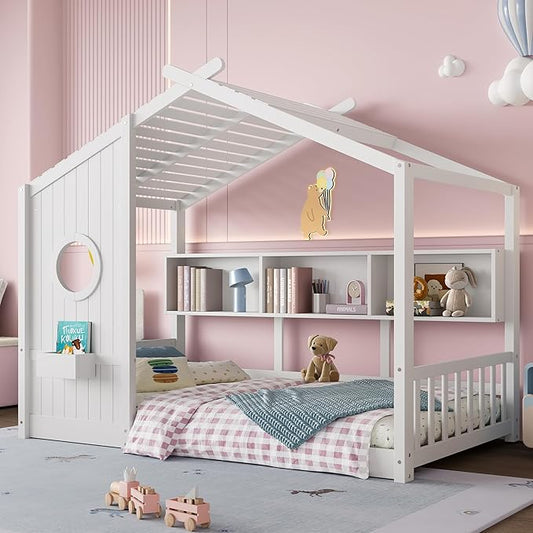 Linique Twin Size Floor Bed Playhouse Design with Storage Shelf, Low Profile Wooden Pitched Roof House Platform Bed Frame,No Box Spring Needed(White)