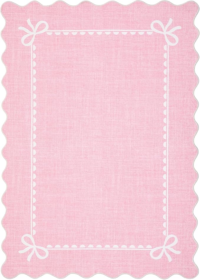 GarveeHome Scalloped Bow Rug for Living Room, Solid Pink Rug for Dorm, Washable Rugs 9x12 Soft Low Pile Non Slip Scalloped Rugs for Nursery College Bedroom Decor Kids Room Playroom