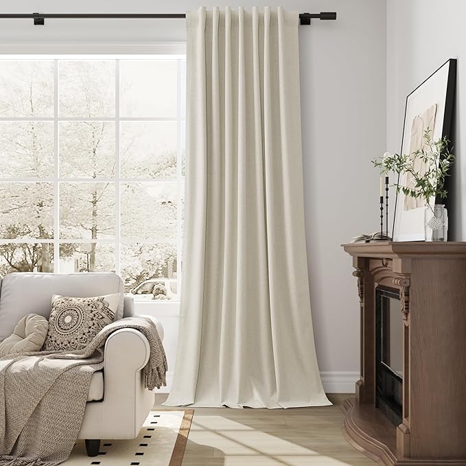 Warm Beige 100% Blackout Linen Curtains for Living Room 120 Inches Long Back Tab Textured Black Out Thermal Insulated Privacy Curtains for Room Divider Sliding Door Gray 2 Panels Set 52x120 10Ft