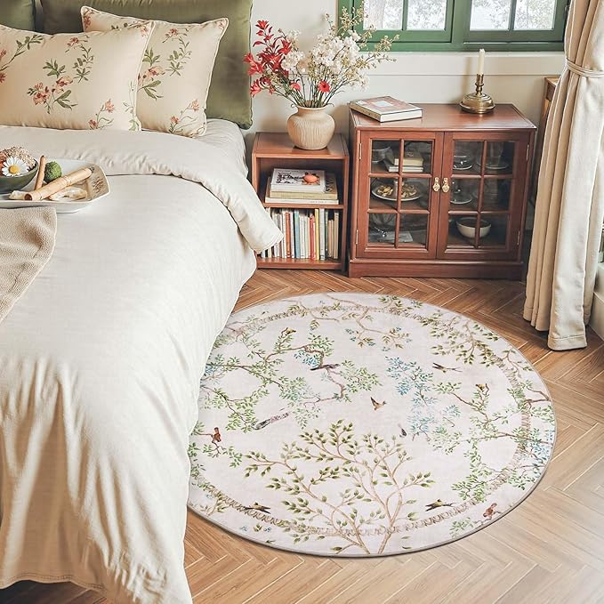 jinchan Yarden Round Rugs 4ft Ivory Botanical Birds Print Machine Washable 4' Circle Nature Plants Modern Soft Non Slip Throw Area Rugs Ultra Thin Low Pile Carpet for Entryway Bedroom Kids Room