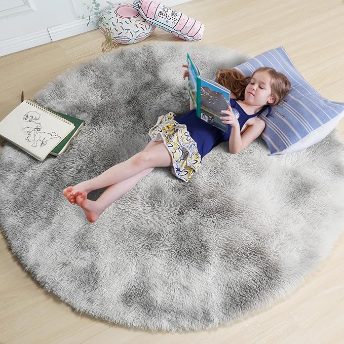Amdrebio Tie-Dyed Light Grey Round Area Rugs for Living Room, 6x6 Ft, Soft Large Circle Rugs for Bedroom, Big Shag Fluffy Fuzzy Carpet for Kids Room, Modern Floor Circular Rug, Furry Farmhouse Rug