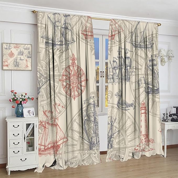 Abstract Nautical Curtain Set Seahorse Curtain for Kids Yellow Polyester Fabric Bedroom Curtain Set 2 Panels,63x72 Inches