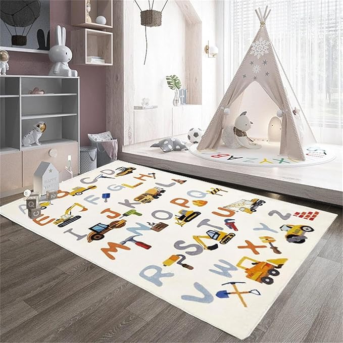 Kids Rug, Alphabet and Truck Carpet for Playroom 4x6, Children's Educational Play Mat ABC Rugs for Boys Girls, Digger Play Rug for Bedroom, Non-Slip Area Rugs for Nursery