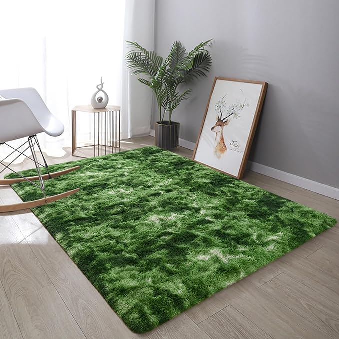DweIke Fluffy Dark Green Rugs for Bedroom Living Room, 8x10 Large Soft Plush Shaggy Tie-Dyed Forest Moss Green Girls Boys Kids Rug, Non-Slip and Machine Washable Carpet for Dorm Nursery Decor
