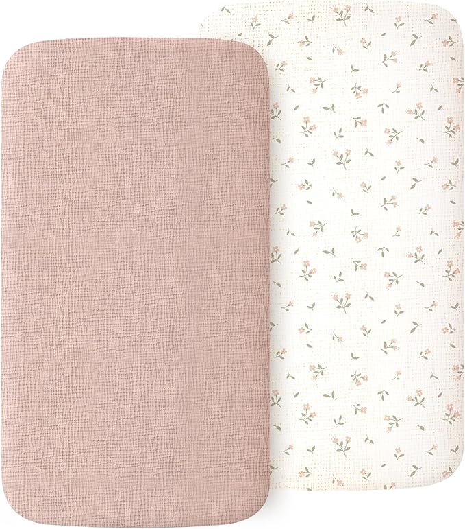 2 Pack Muslin Fitted Bassinet Sheets for Babies, Soft & Breathable 100% Cotton Bedside Sleeper Bassinet Sheet, Moses Basket Oval Rectangle Pad/Mattress