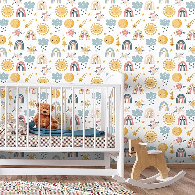 CHIHUT Peel and Stick Wallpaper Kids Cute Star Cloud Rainbow Wallpaper for Girls Bedroom Decorative Colorful Rainbow Contact Paper Removable Self Adhesive Wall Paper Mural for Nursery Wall 17.7”x100”