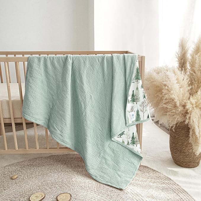 lulumoon Muslin Baby Blanket Neutral: Lightweight Cotton for Toddler - Ideal for Christmas & Registry Gift 47" x47(Pine Forest)